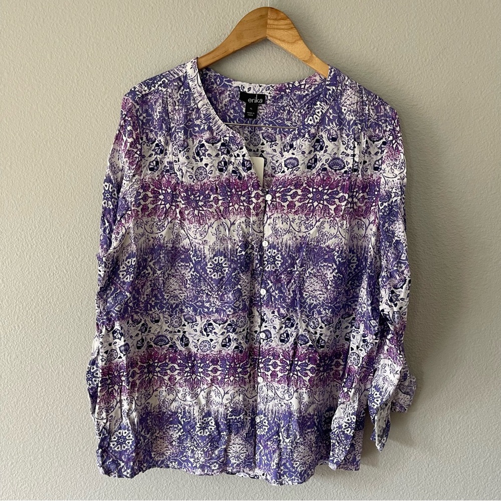 Erika Kaleidoscope Button Down Viscose Shirt Top Size XL Purple Iris